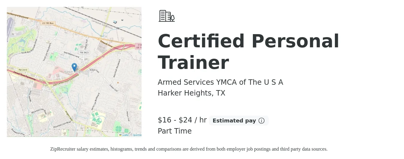 Armed Services YMCA of The U S A job posting for a Certified Personal Trainer in Harker Heights, TX with a salary of $17 to $25 Hourly with a map of Harker Heights location.