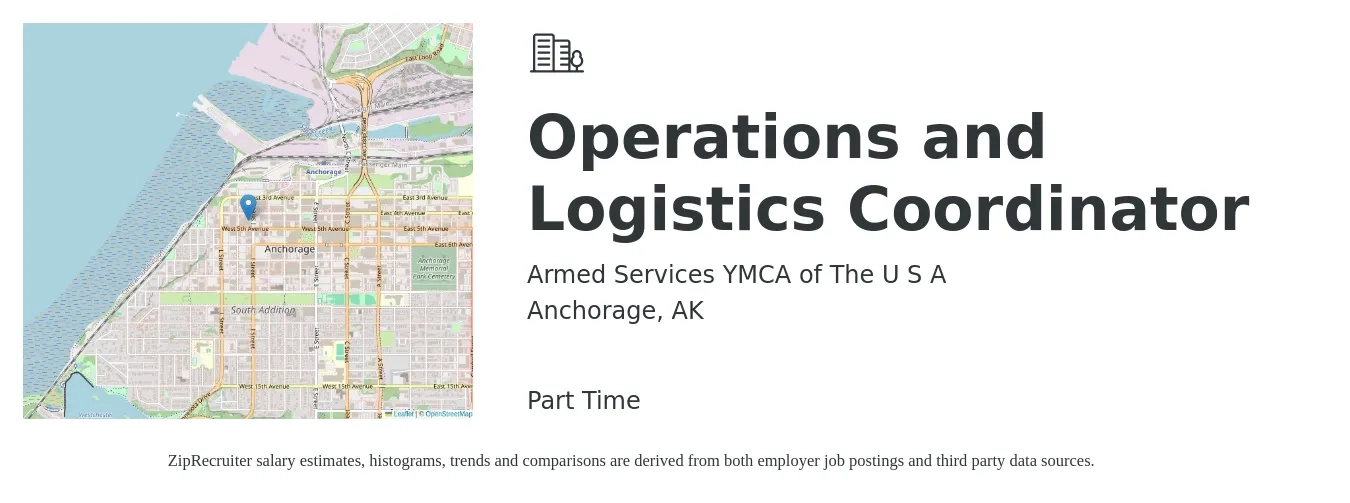 Armed Services YMCA of The U S A job posting for a Operations and Logistics Coordinator in Anchorage, AK with a salary of $16 Hourly with a map of Anchorage location.