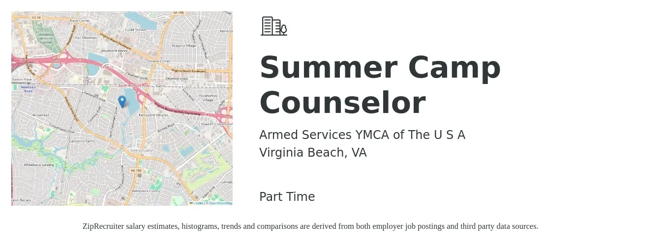 Armed Services YMCA of The U S A job posting for a Summer Camp Counselor in Virginia Beach, VA with a salary of $15 to $17 Hourly with a map of Virginia Beach location.