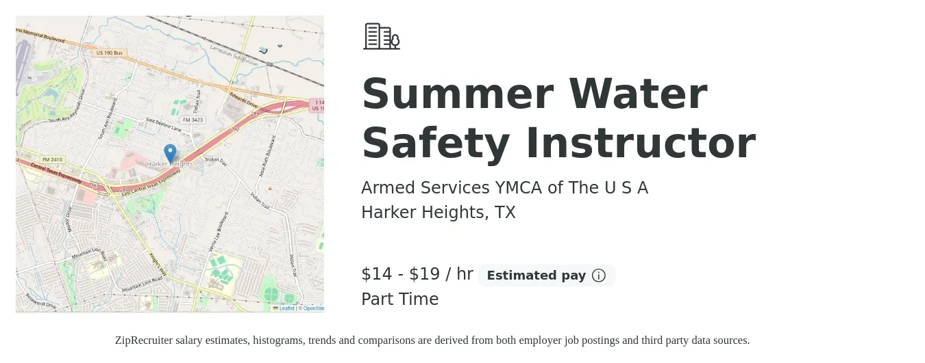 Armed Services YMCA of The U S A job posting for a Summer Water Safety Instructor in Harker Heights, TX with a salary of $15 to $20 Hourly with a map of Harker Heights location.