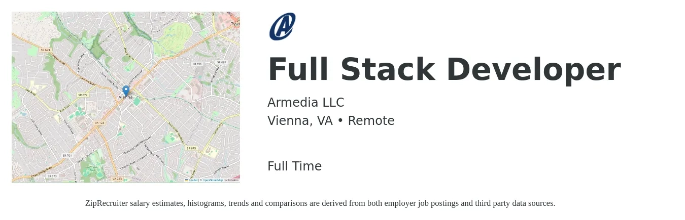 Armedia LLC job posting for a Full Stack Developer in Vienna, VA with a salary of $51 to $71 Hourly with a map of Vienna location.