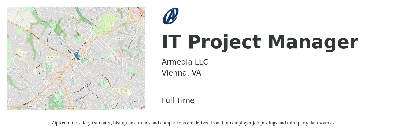 Armedia LLC job posting for a IT Project Manager in Vienna, VA with a salary of $98,900 to $116,900 Yearly with a map of Vienna location.