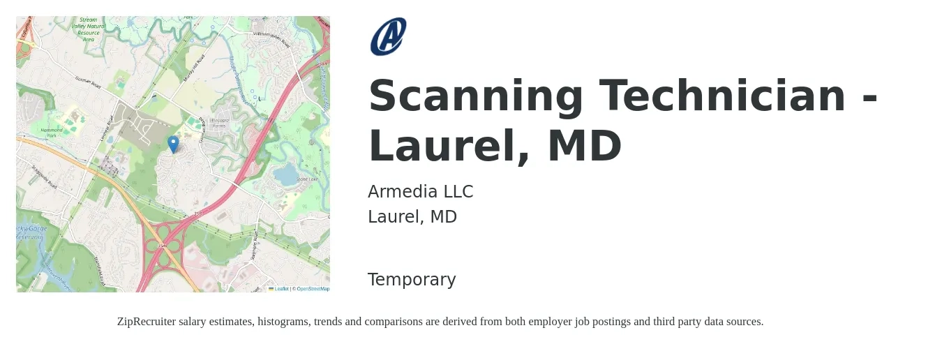 Armedia LLC job posting for a Scanning Technician - Laurel, MD in Laurel, MD with a salary of $20 Hourly with a map of Laurel location.