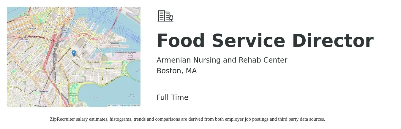 Armenian Nursing and Rehab Center job posting for a Food Service Director in Boston, MA with a salary of $52,700 to $81,700 Yearly with a map of Boston location.