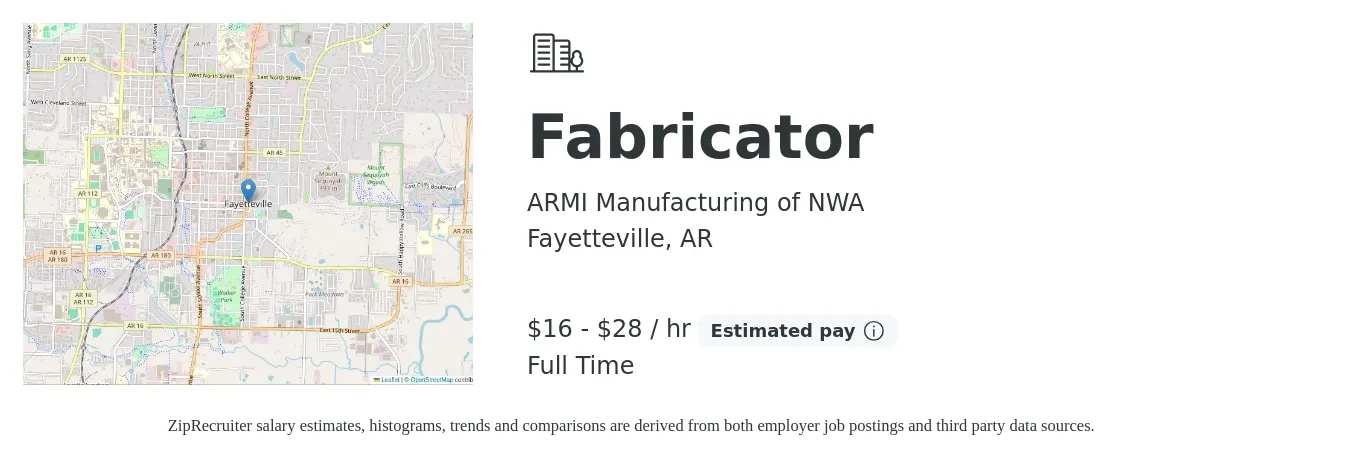 ARMI Manufacturing of NWA job posting for a Fabricator in Fayetteville, AR with a salary of $17 to $30 Hourly with a map of Fayetteville location.