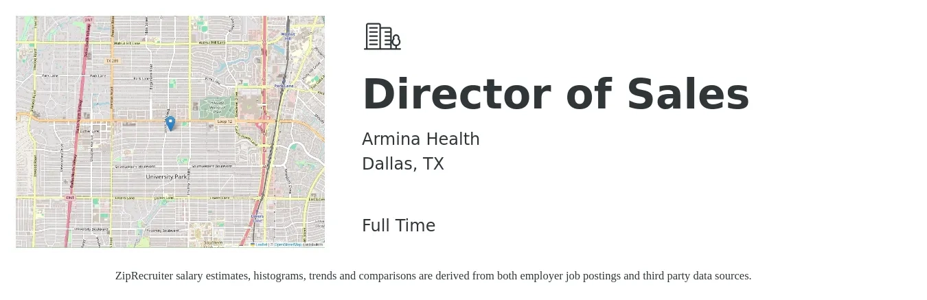 Armina Health job posting for a Director of Sales in Dallas, TX with a salary of $69,700 to $123,700 Yearly with a map of Dallas location.