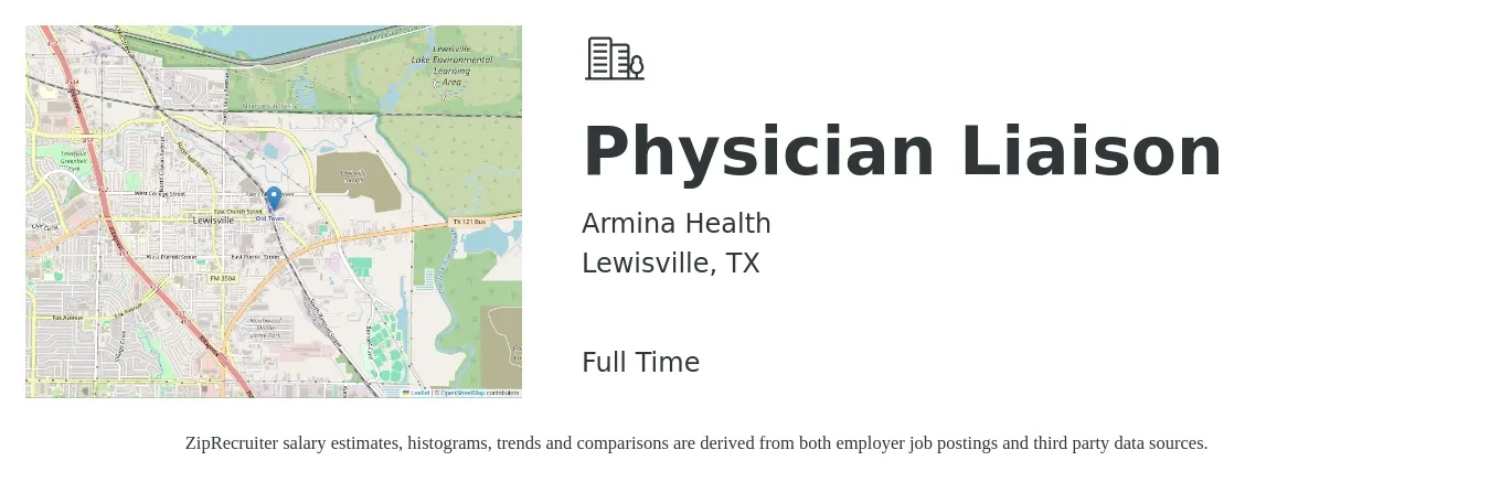 Armina Health job posting for a Physician Liaison in Lewisville, TX with a salary of $44,800 to $80,300 Yearly with a map of Lewisville location.
