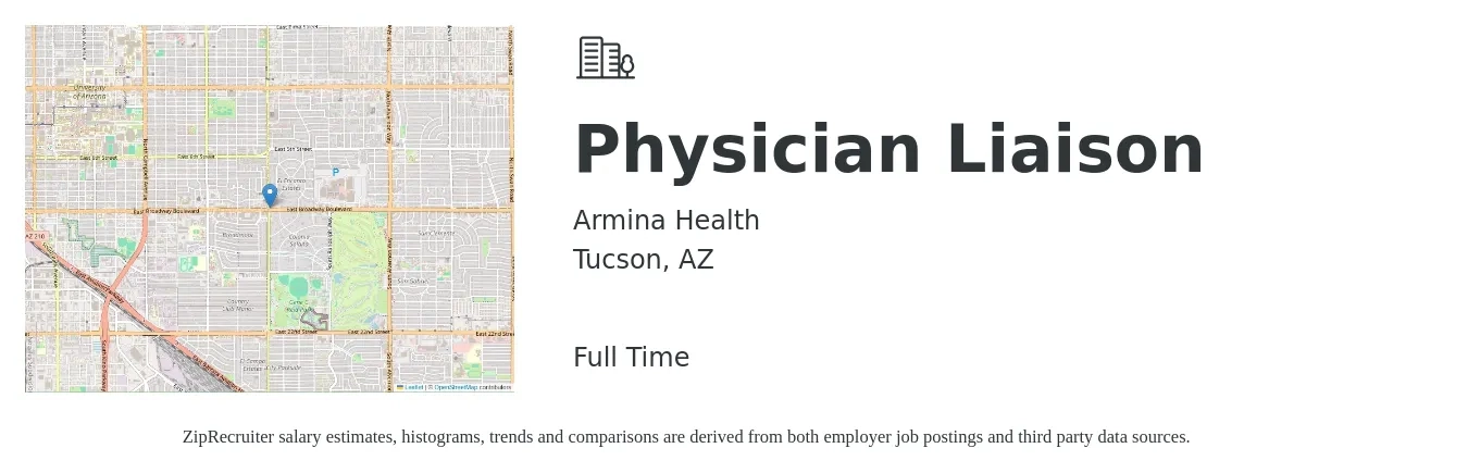 Armina Health job posting for a Physician Liaison in Tucson, AZ with a salary of $45,400 to $81,300 Yearly with a map of Tucson location.