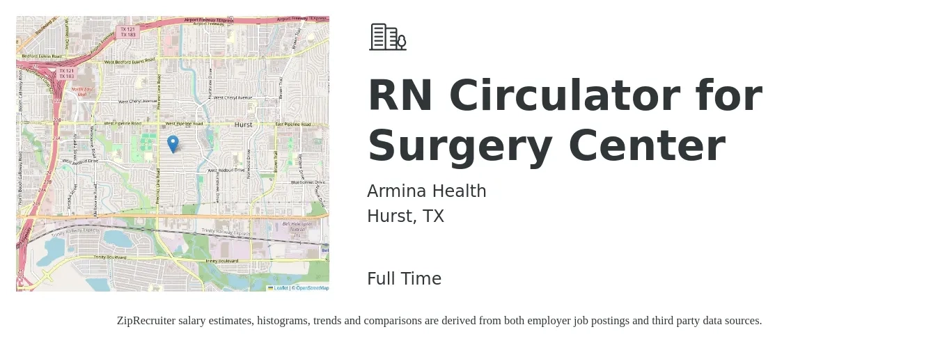 Armina Health job posting for a RN Circulator for Surgery Center in Hurst, TX with a salary of $1,800 to $2,790 Weekly with a map of Hurst location.