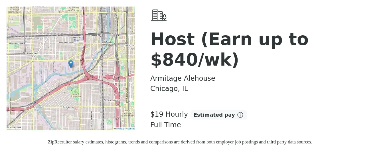 Armitage Alehouse job posting for a Host (Earn up to $840/wk) in Chicago, IL with a salary of $20 Hourly with a map of Chicago location.