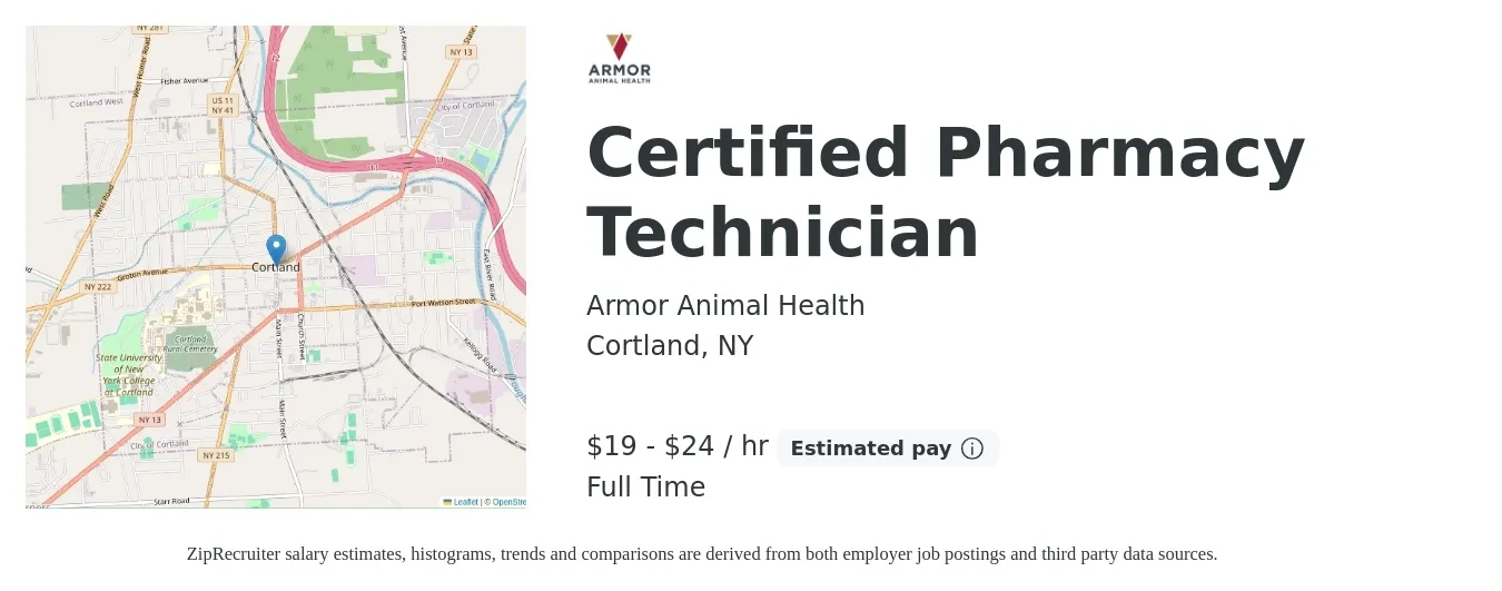Armor Animal Health job posting for a Certified Pharmacy Technician in Cortland, NY with a salary of $20 to $25 Hourly with a map of Cortland location.