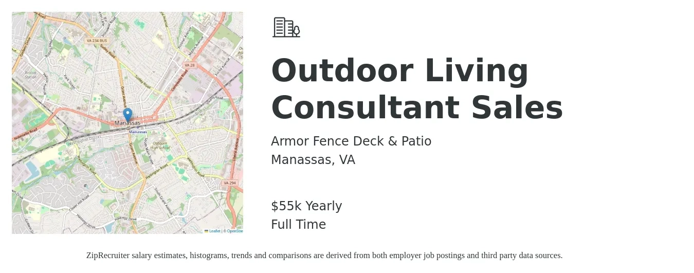Armor Fence Deck & Patio job posting for a Outdoor Living Consultant Sales in Manassas, VA with a salary of $55,000 Yearly with a map of Manassas location.