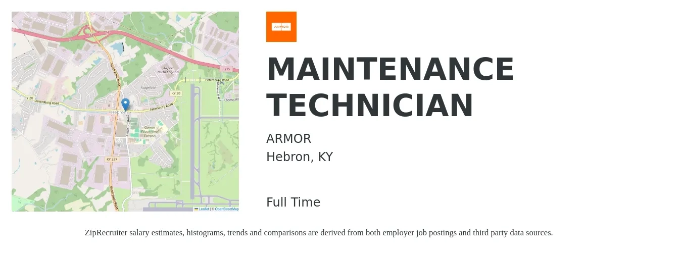 ARMOR job posting for a MAINTENANCE TECHNICIAN in Hebron, KY with a salary of $18 to $26 Hourly with a map of Hebron location.
