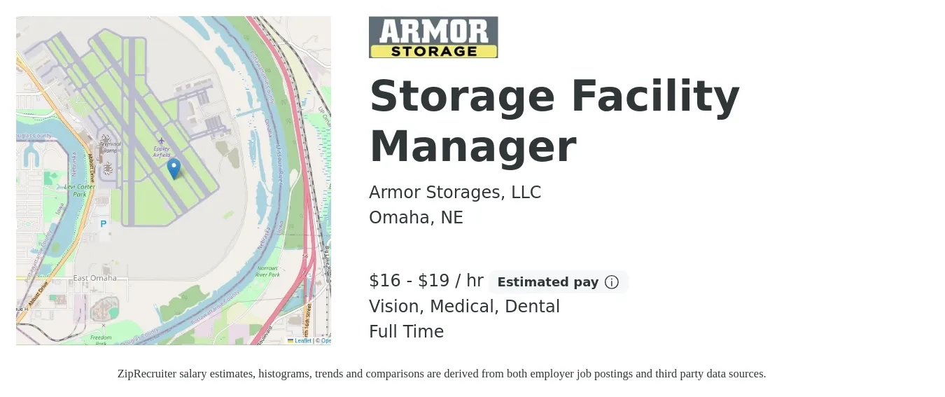 Armor Storages, LLC job posting for a Storage Facility Manager in Omaha, NE with a salary of $17 to $20 Hourly and benefits including vision, dental, life_insurance, medical, pto, and retirement with a map of Omaha location.