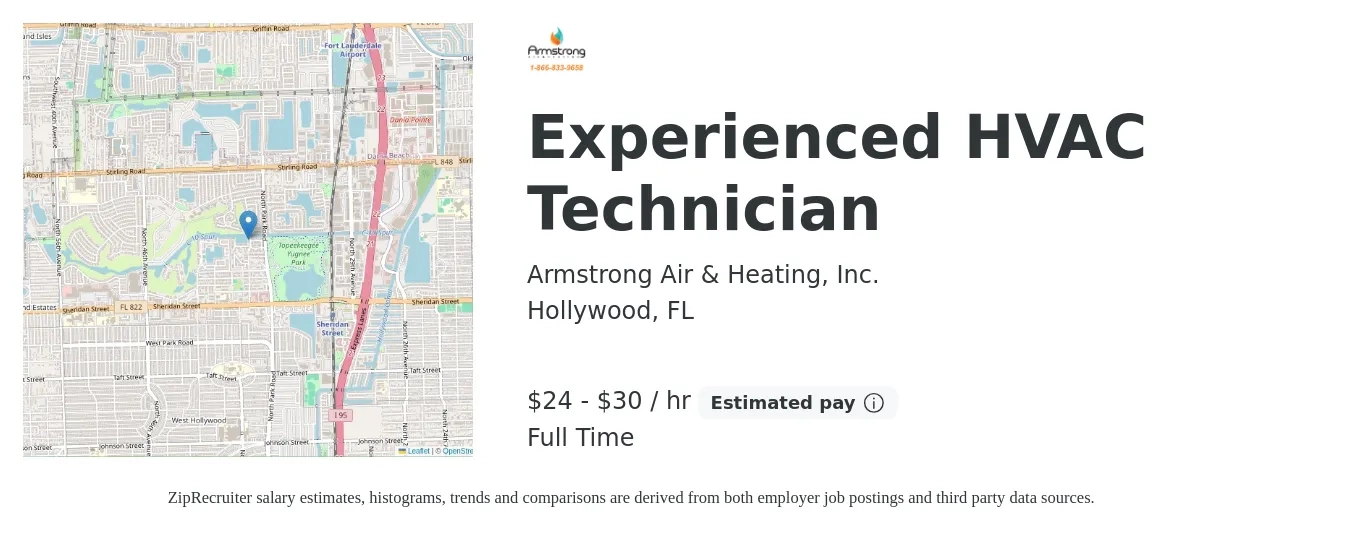 Armstrong Air & Heating, Inc. job posting for a Experienced HVAC Technician in Hollywood, FL with a salary of $25 to $32 Hourly with a map of Hollywood location.
