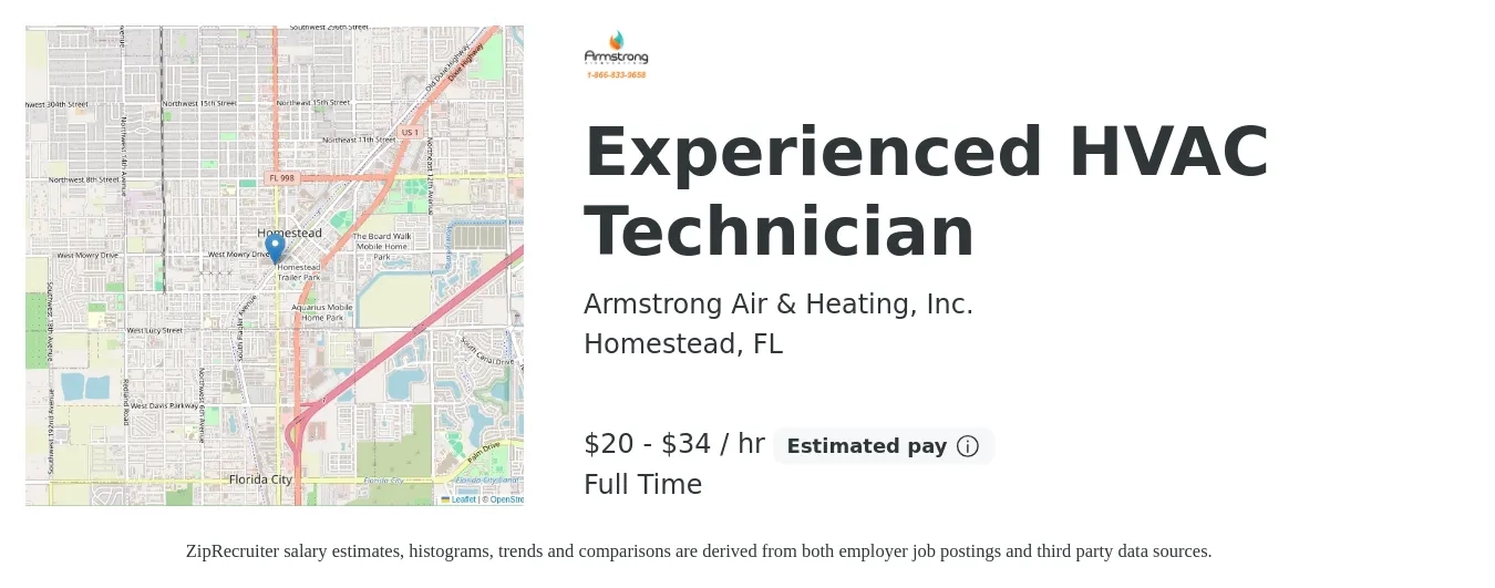 Armstrong Air & Heating, Inc. job posting for a Experienced HVAC Technician in Homestead, FL with a salary of $21 to $36 Hourly with a map of Homestead location.