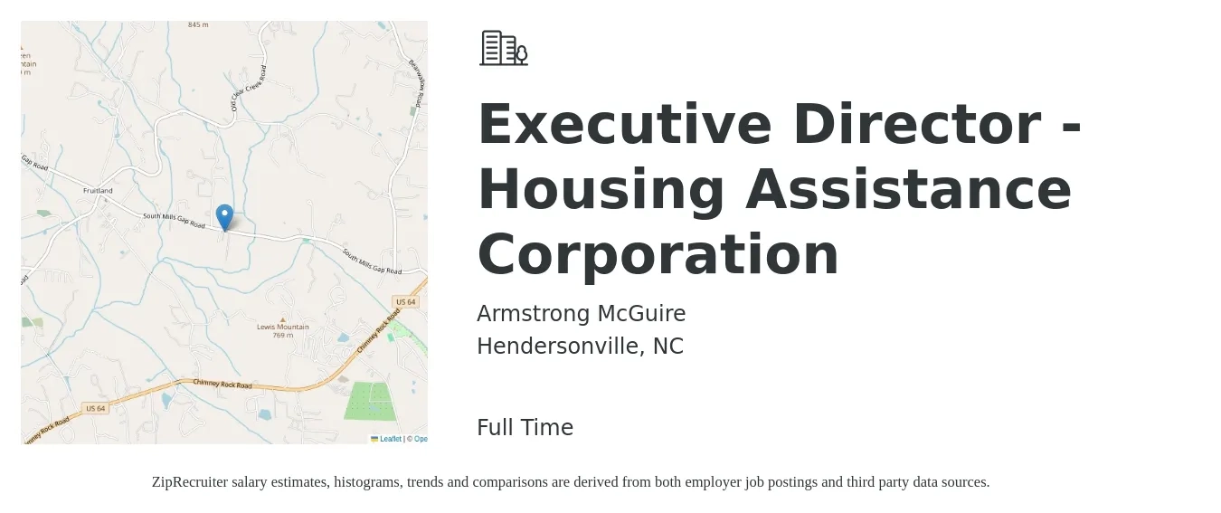 Armstrong McGuire job posting for a Executive Director - Housing Assistance Corporation in Hendersonville, NC with a salary of $66,900 to $108,200 Yearly with a map of Hendersonville location.