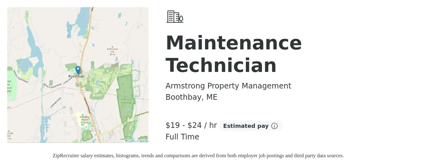 Armstrong Property Management job posting for a Maintenance Technician in Boothbay, ME with a salary of $20 to $25 Hourly and benefits including retirement, and pto with a map of Boothbay location.