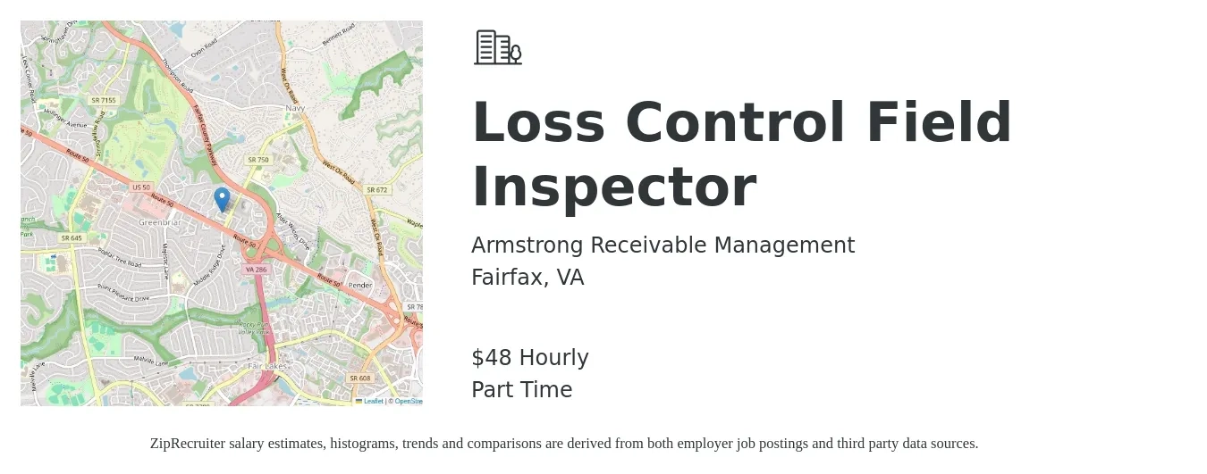 Armstrong Receivable Management job posting for a Loss Control Field Inspector in Fairfax, VA with a salary of $50 Hourly with a map of Fairfax location.