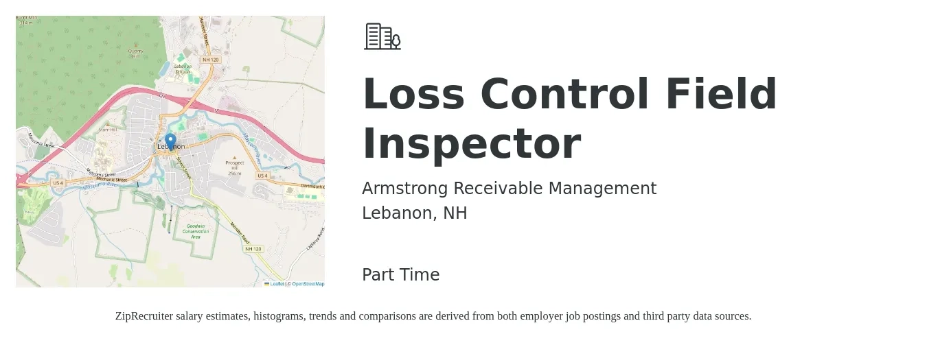 Armstrong Receivable Management job posting for a Loss Control Field Inspector in Lebanon, NH with a salary of $50 Hourly with a map of Lebanon location.