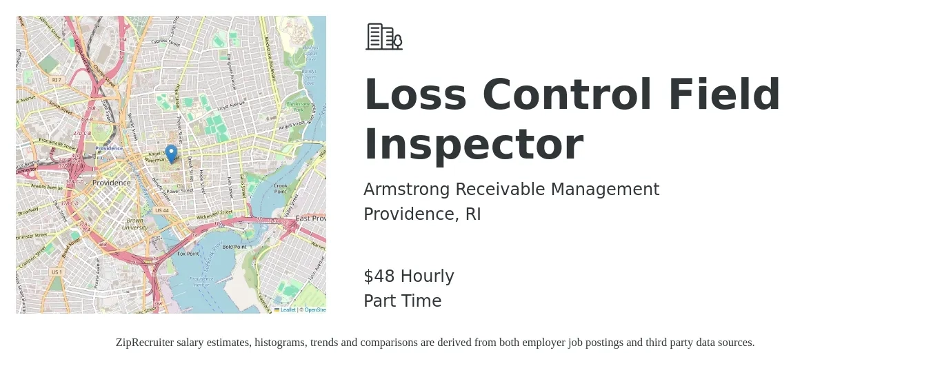 Armstrong Receivable Management job posting for a Loss Control Field Inspector in Providence, RI with a salary of $50 Hourly with a map of Providence location.