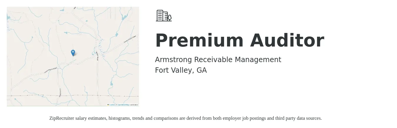 Armstrong Receivable Management job posting for a Premium Auditor in Fort Valley, GA with a salary of $42,300 to $51,600 Yearly with a map of Fort Valley location.