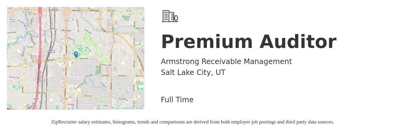 Armstrong Receivable Management job posting for a Premium Auditor in Salt Lake City, UT with a salary of $47,900 to $58,500 Yearly with a map of Salt Lake City location.