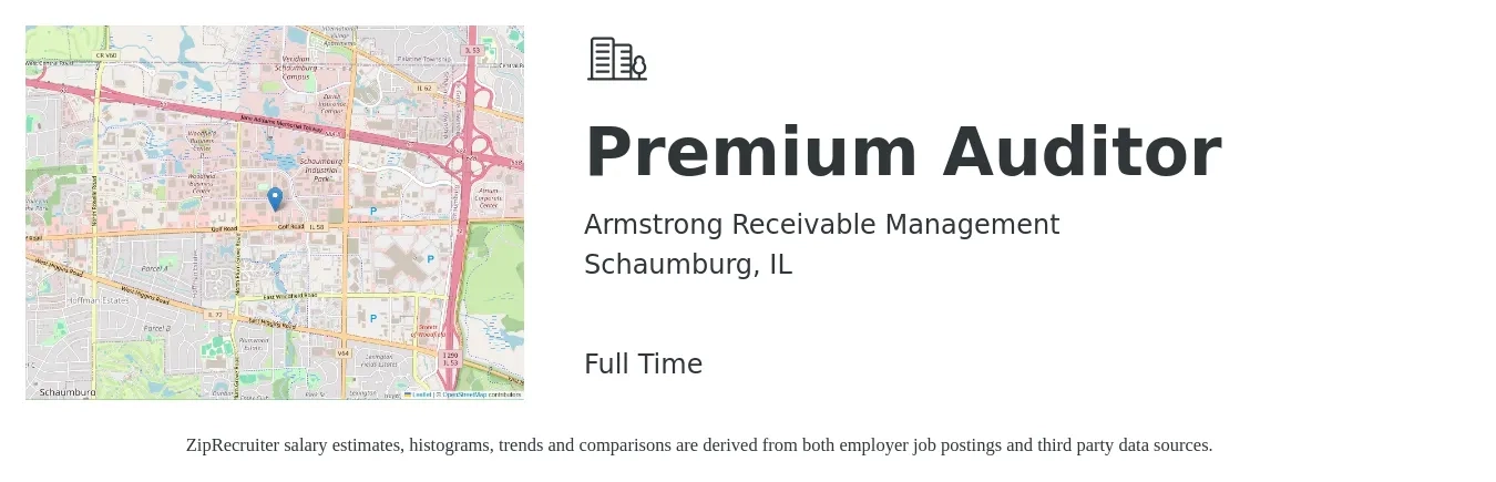 Armstrong Receivable Management job posting for a Premium Auditor in Schaumburg, IL with a salary of $48,600 to $59,400 Yearly with a map of Schaumburg location.