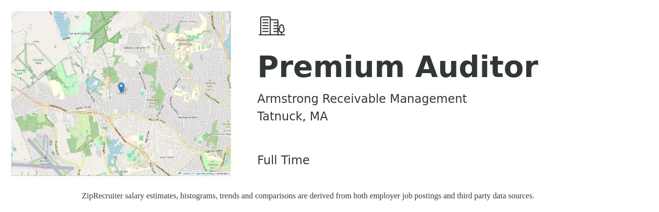 Armstrong Receivable Management job posting for a Premium Auditor in Tatnuck, MA with a salary of $49,400 to $60,400 Yearly with a map of Tatnuck location.