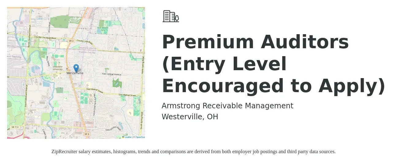 ARMStrong Receivable Management job posting for a Premium Auditors (Entry Level Encouraged to Apply) in Westerville, OH with a salary of $47,700 to $58,300 Yearly with a map of Westerville location.