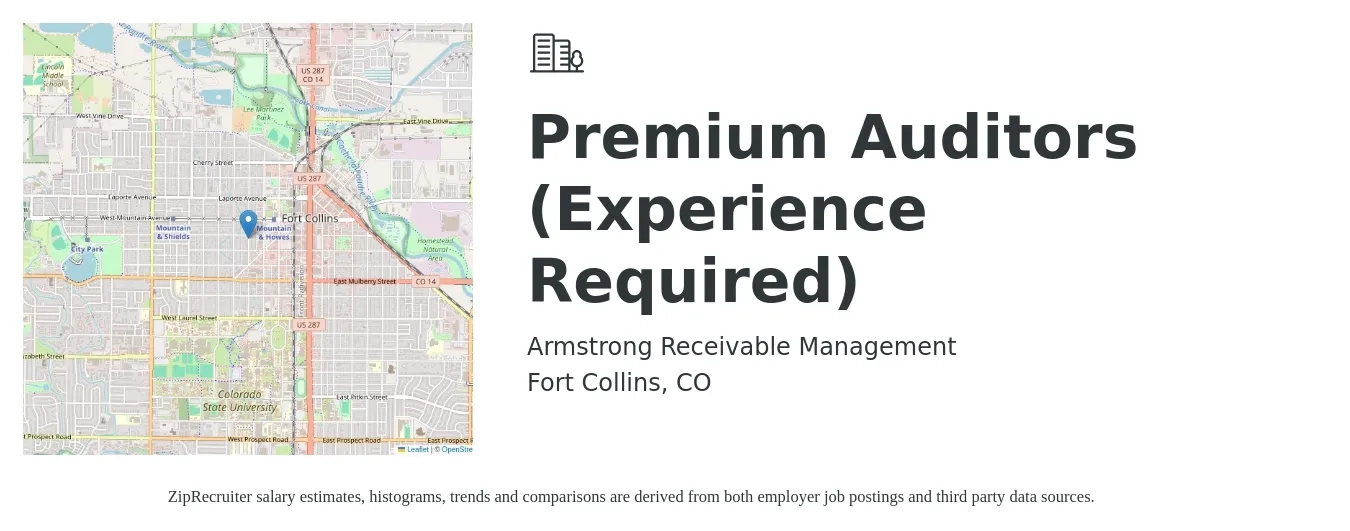 ARMStrong Receivable Management job posting for a Premium Auditors (Experience Required) in Fort Collins, CO with a salary of $49,000 to $59,900 Yearly with a map of Fort Collins location.