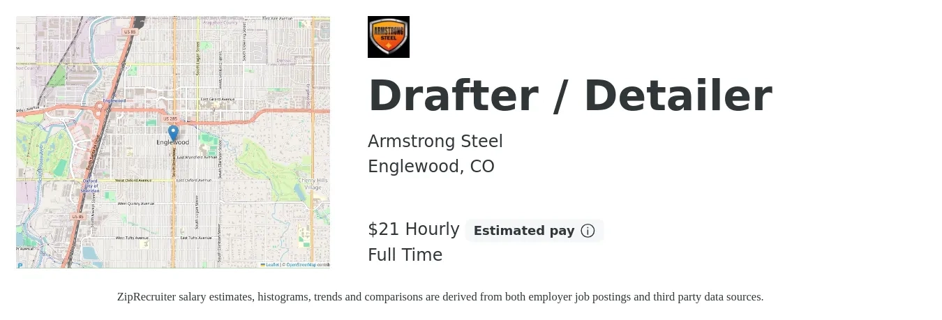 Armstrong Steel job posting for a Drafter / Detailer in Englewood, CO with a salary of $22 Hourly with a map of Englewood location.
