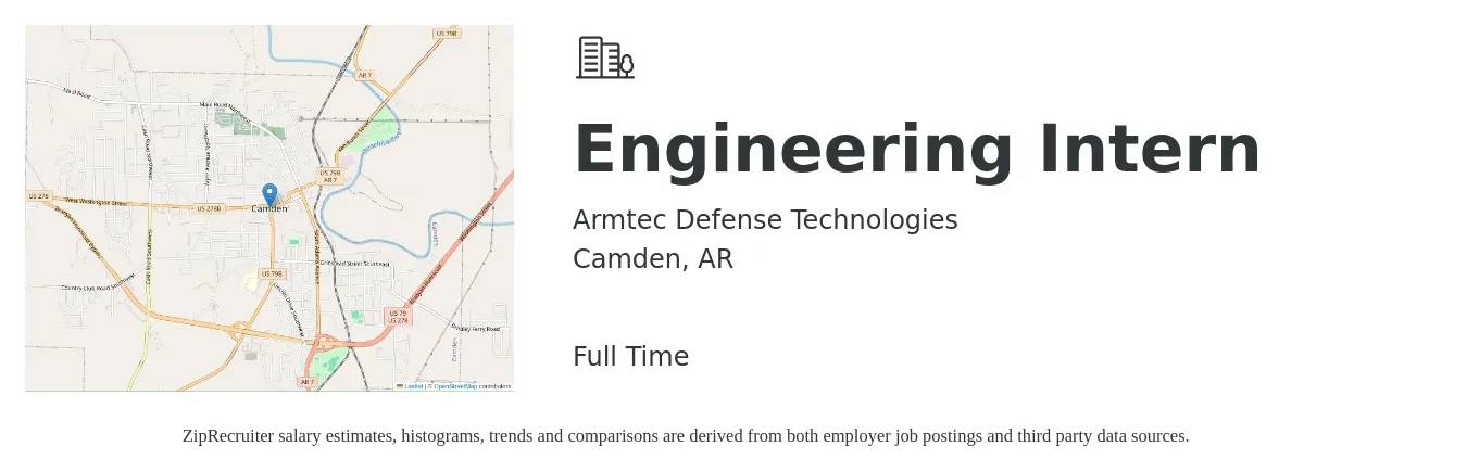Armtec Defense Technologies job posting for a Engineering Intern in Camden, AR with a salary of $15 to $20 Hourly with a map of Camden location.