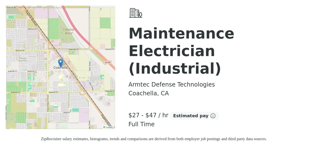 Armtec Defense Technologies job posting for a Maintenance Electrician (Industrial) in Coachella, CA with a salary of $29 to $50 Hourly with a map of Coachella location.