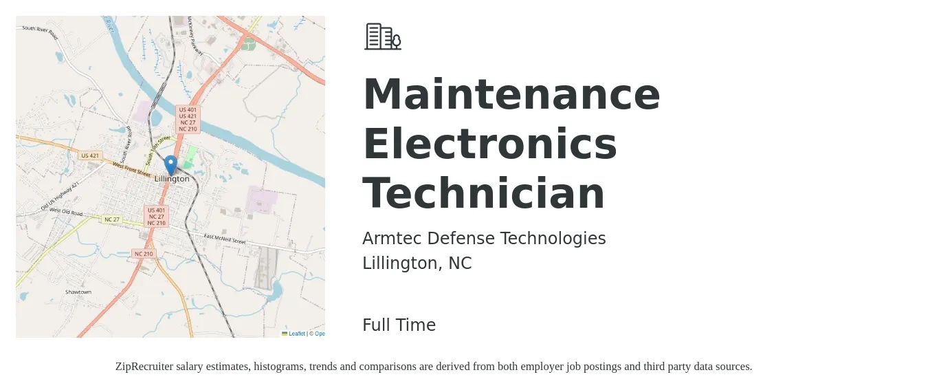 Armtec Defense Technologies job posting for a Maintenance Electronics Technician in Lillington, NC with a salary of $19 to $27 Hourly with a map of Lillington location.