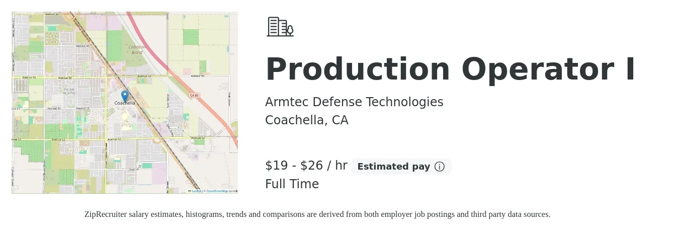 Armtec Defense Technologies job posting for a Production Operator I in Coachella, CA with a salary of $20 to $28 Hourly with a map of Coachella location.