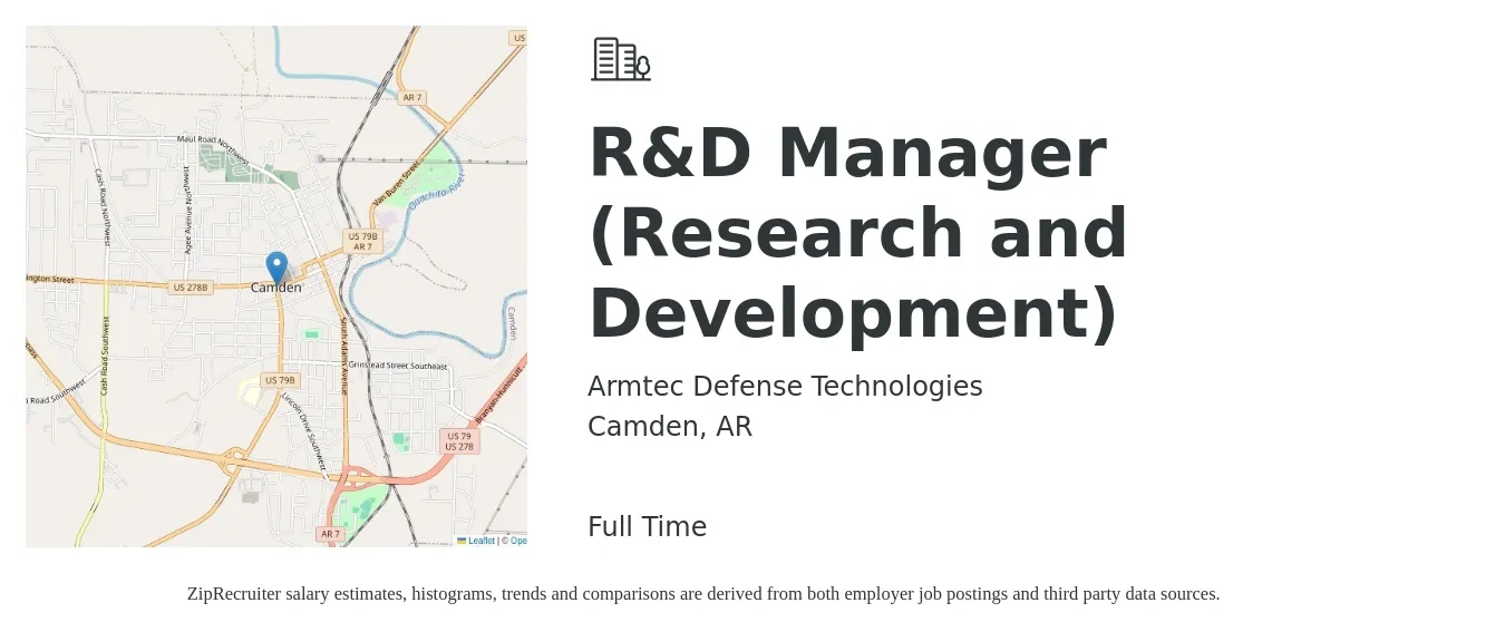 Armtec Defense Technologies job posting for a R&D Manager (Research and Development) in Camden, AR with a salary of $65,700 to $98,800 Yearly with a map of Camden location.