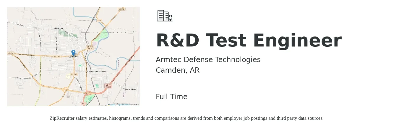 Armtec Defense Technologies job posting for a R&D Test Engineer in Camden, AR with a salary of $30 to $46 Hourly with a map of Camden location.