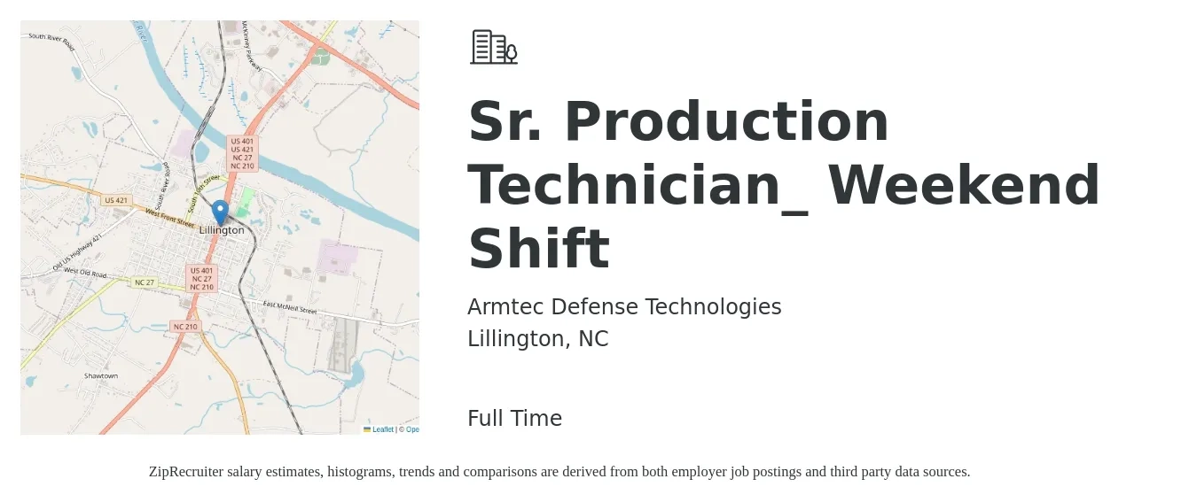 Armtec Defense Technologies job posting for a Sr. Production Technician_ Weekend Shift in Lillington, NC with a salary of $14 to $18 Hourly with a map of Lillington location.