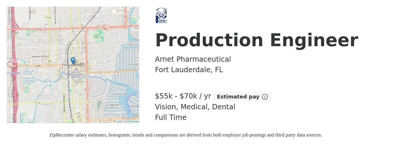 Arnet Pharmaceutical job posting for a Production Engineer in Fort Lauderdale, FL with a salary of $55,000 to $70,000 Yearly and benefits including pto, retirement, vision, dental, life_insurance, and medical with a map of Fort Lauderdale location.