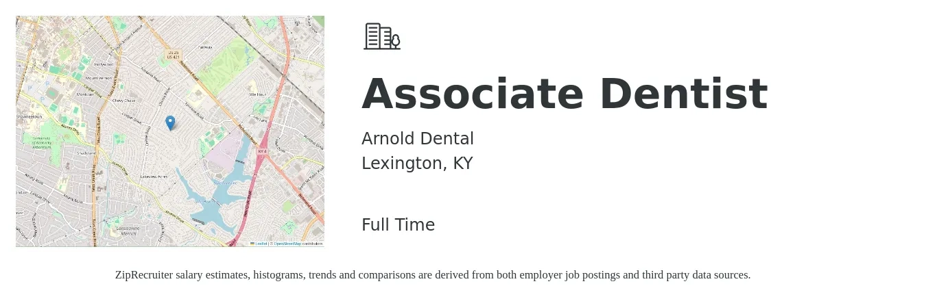 Arnold Dental job posting for a Associate Dentist in Lexington, KY with a salary of $41,500 to $210,200 Yearly with a map of Lexington location.