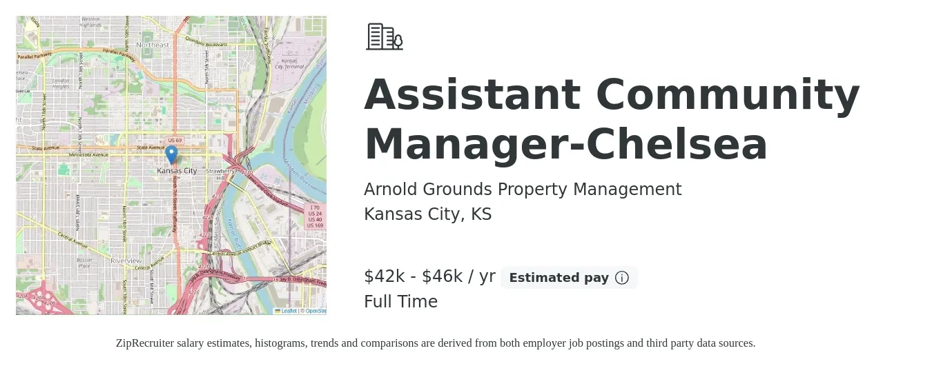 Arnold Grounds Property Management job posting for a Assistant Community Manager-Chelsea in Kansas City, KS with a salary of $42,000 to $46,000 Yearly with a map of Kansas City location.