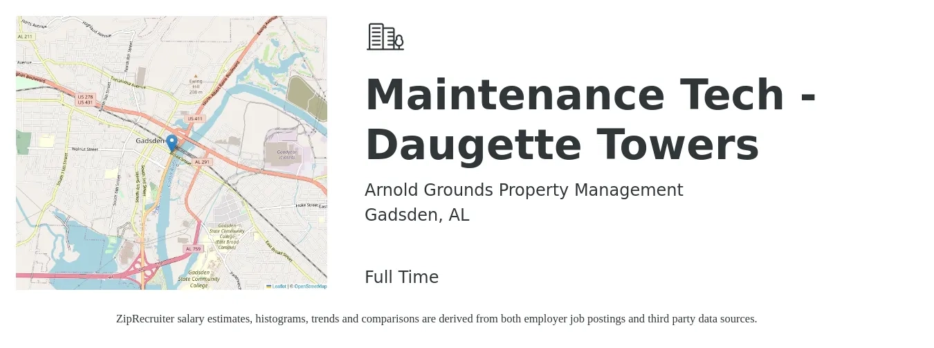 Arnold Grounds Property Management job posting for a Maintenance Tech -Daugette Towers in Gadsden, AL with a salary of $17 to $18 Hourly with a map of Gadsden location.