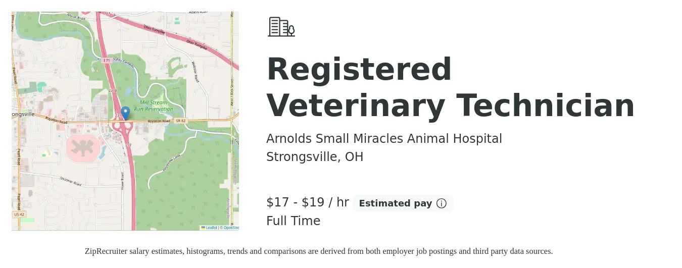 Arnolds Small Miracles Animal Hospital job posting for a Registered Veterinary Technician in Strongsville, OH with a salary of $18 to $20 Hourly with a map of Strongsville location.