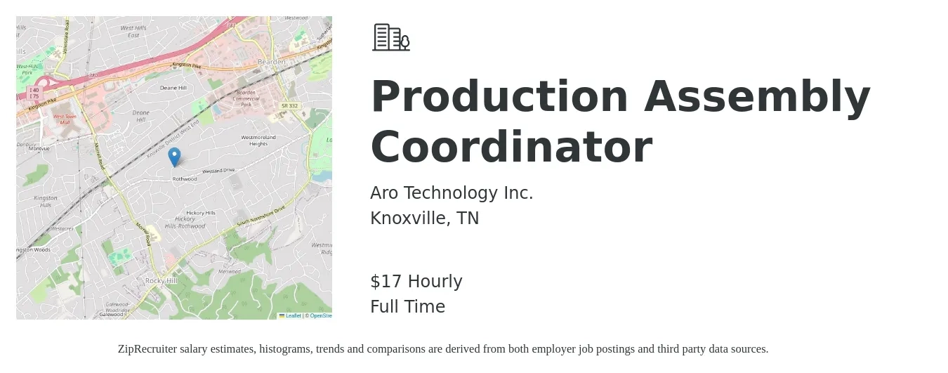 Aro Technology Inc. job posting for a Production Assembly Coordinator in Knoxville, TN with a salary of $18 Hourly with a map of Knoxville location.