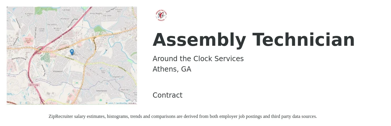 Around the Clock Services job posting for a Assembly Technician in Athens, GA with a salary of $425 to $750 Weekly with a map of Athens location.
