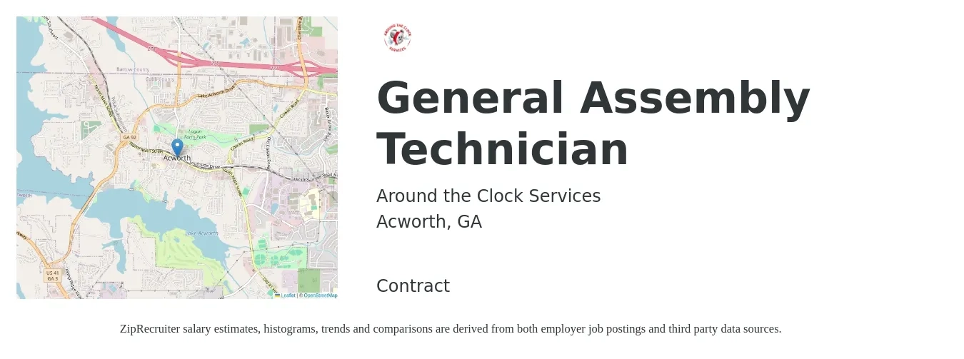 Around the Clock Services job posting for a General Assembly Technician in Acworth, GA with a salary of $400 to $700 Weekly with a map of Acworth location.