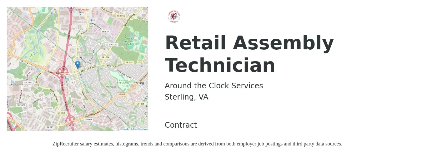 Around the Clock Services job posting for a Retail Assembly Technician in Sterling, VA with a salary of $425 to $750 Weekly with a map of Sterling location.