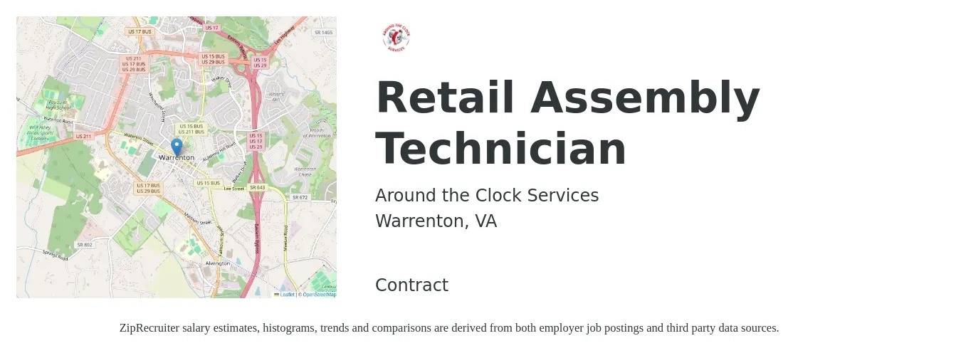 Around the Clock Services job posting for a Retail Assembly Technician in Warrenton, VA with a salary of $425 to $750 Weekly with a map of Warrenton location.