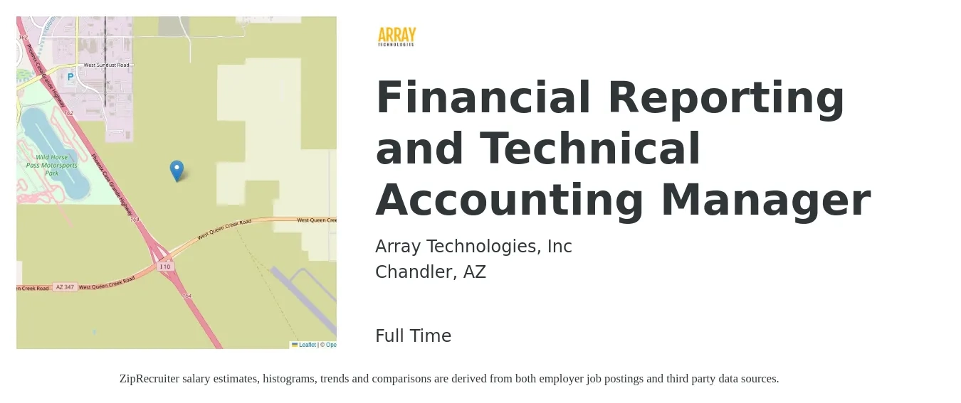 Array Technologies, Inc job posting for a Financial Reporting and Technical Accounting Manager in Chandler, AZ with a salary of $75,300 to $121,000 Yearly with a map of Chandler location.
